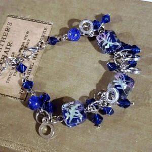 Vintage Murano Glass Beads Blue Silver Charm Bracelet